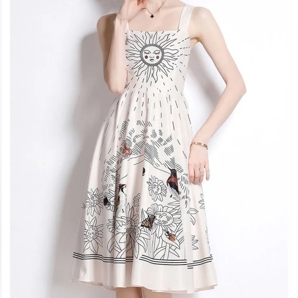 Dresses & Skirts - Boho Tie Spaghetti Strap Mix Print Midi Dress